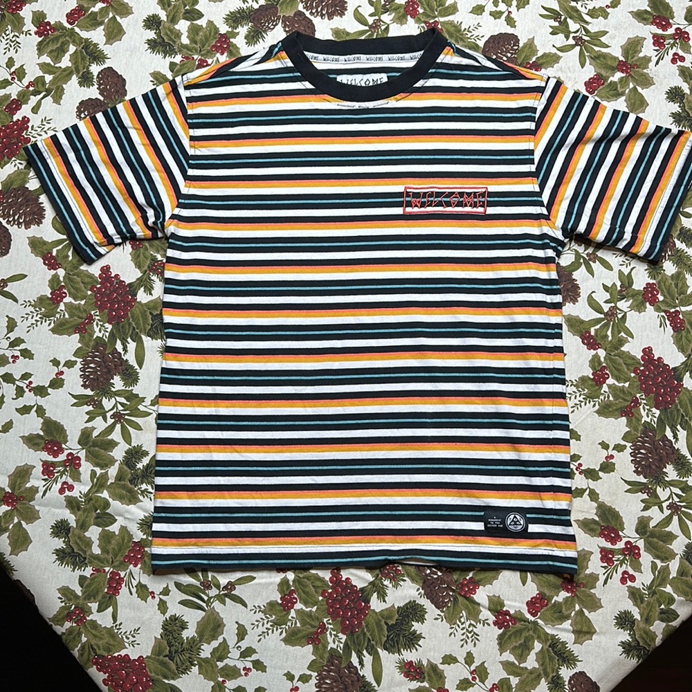 WELCOME skateboards 🛹 thick stripped tee shirts embroidered logo Tag on hip Sml